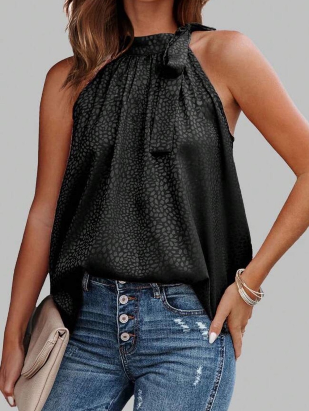 Women’s Black Halter Tie-Neck Satin Top